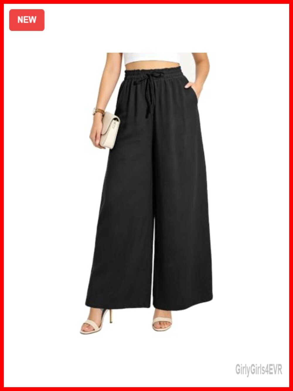 Women Wide Leg Casual Pants Flowy Palazzo Pants with Pockets Elastic High Waist